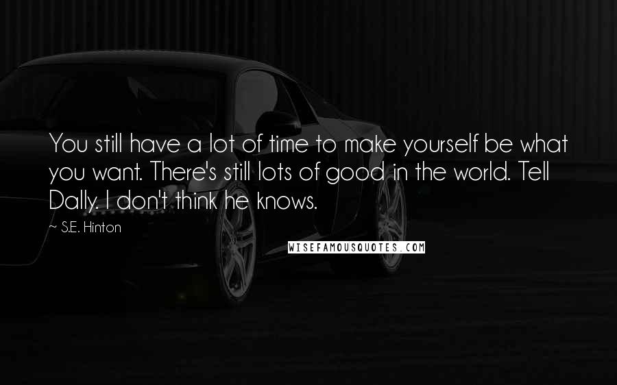 S.E. Hinton Quotes: You still have a lot of time to make yourself be what you want. There's still lots of good in the world. Tell Dally. I don't think he knows.