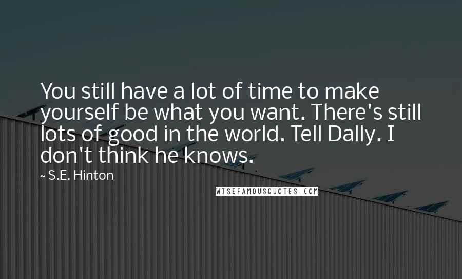 S.E. Hinton Quotes: You still have a lot of time to make yourself be what you want. There's still lots of good in the world. Tell Dally. I don't think he knows.