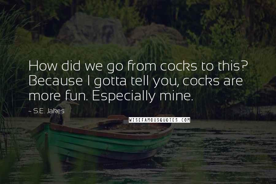 S.E. Jakes Quotes: How did we go from cocks to this? Because I gotta tell you, cocks are more fun. Especially mine.