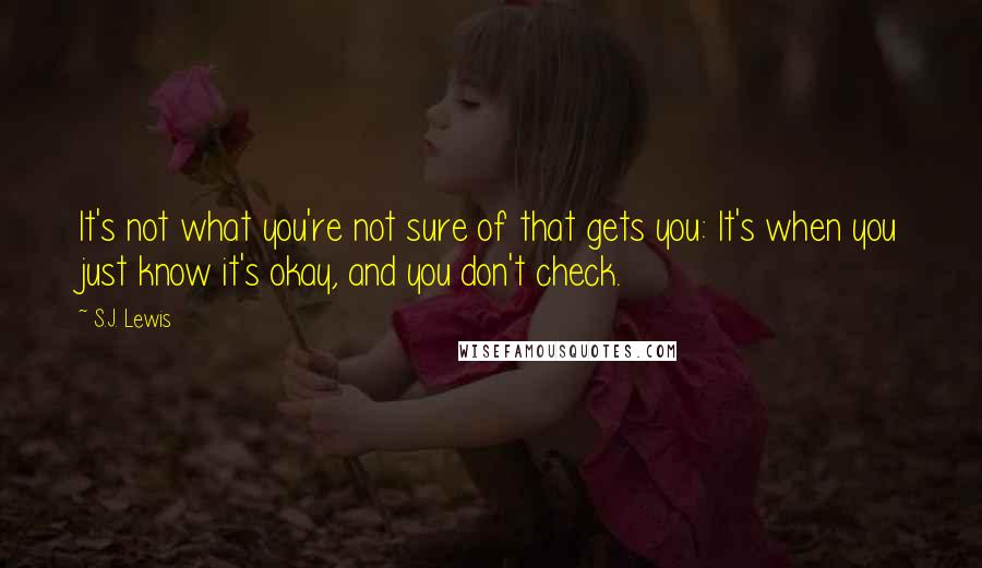 S.J. Lewis Quotes: It's not what you're not sure of that gets you: It's when you just know it's okay, and you don't check.