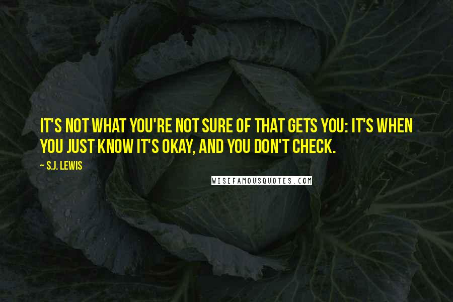 S.J. Lewis Quotes: It's not what you're not sure of that gets you: It's when you just know it's okay, and you don't check.