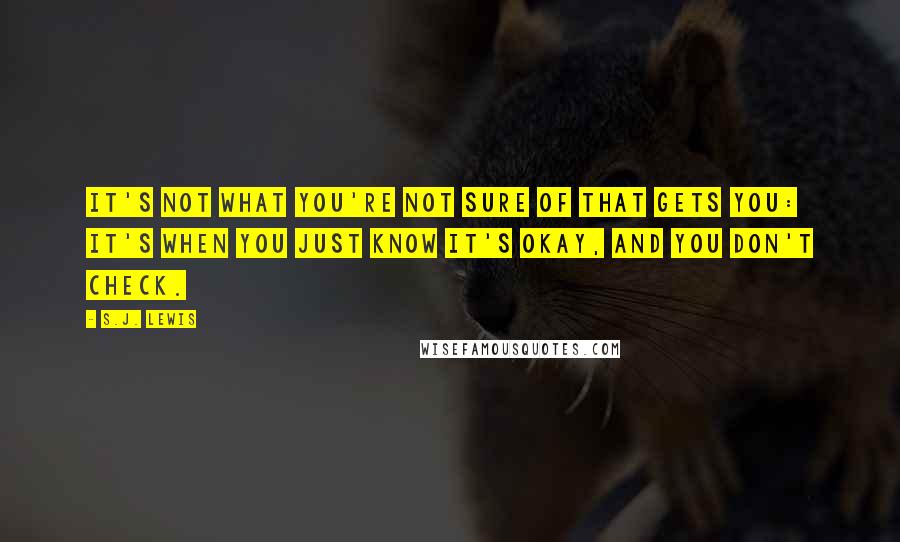 S.J. Lewis Quotes: It's not what you're not sure of that gets you: It's when you just know it's okay, and you don't check.