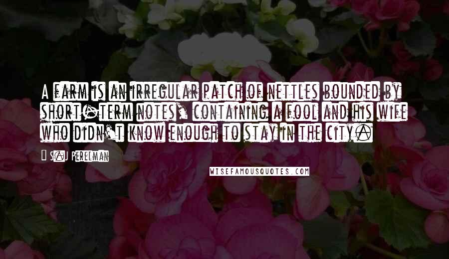 S.J Perelman Quotes: A farm is an irregular patch of nettles bounded by short-term notes, containing a fool and his wife who didn't know enough to stay in the city.