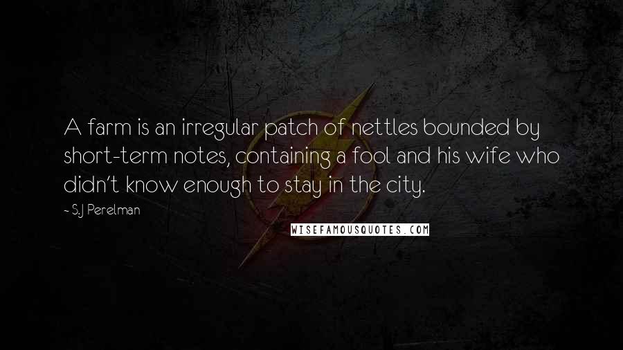 S.J Perelman Quotes: A farm is an irregular patch of nettles bounded by short-term notes, containing a fool and his wife who didn't know enough to stay in the city.