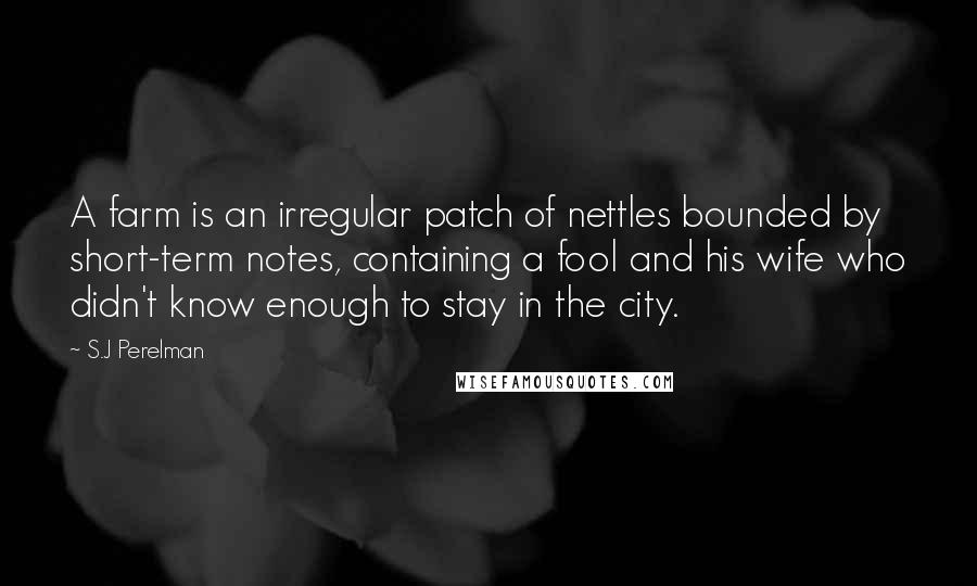 S.J Perelman Quotes: A farm is an irregular patch of nettles bounded by short-term notes, containing a fool and his wife who didn't know enough to stay in the city.