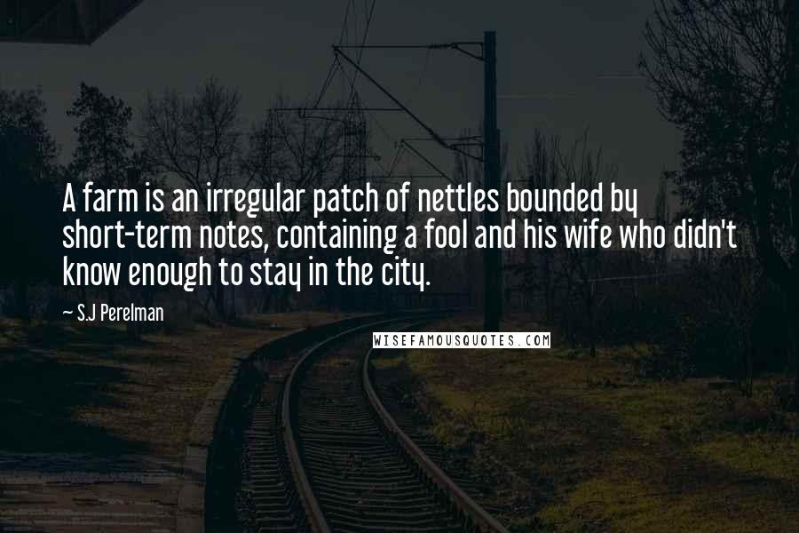 S.J Perelman Quotes: A farm is an irregular patch of nettles bounded by short-term notes, containing a fool and his wife who didn't know enough to stay in the city.