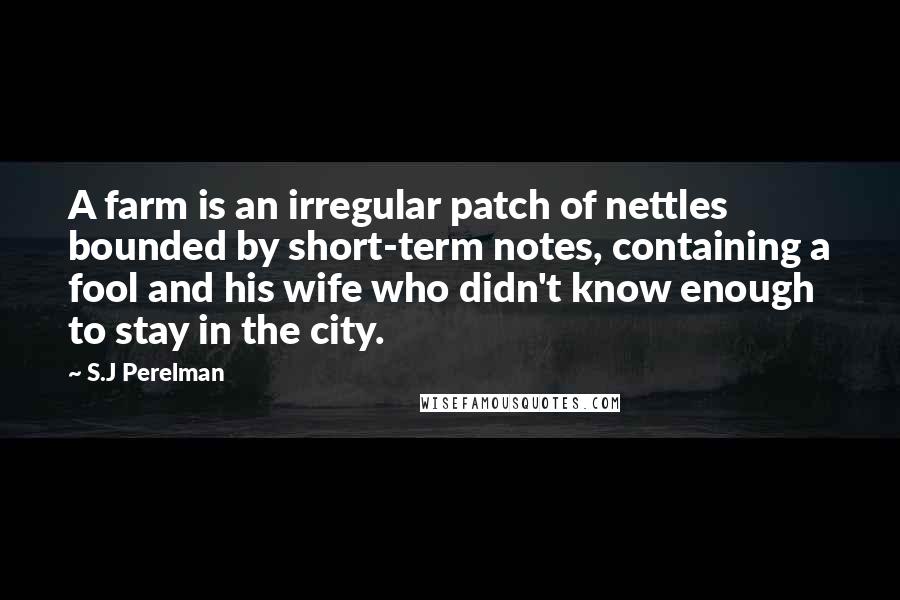 S.J Perelman Quotes: A farm is an irregular patch of nettles bounded by short-term notes, containing a fool and his wife who didn't know enough to stay in the city.