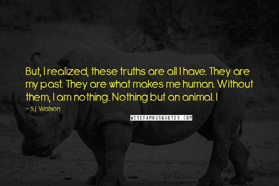 S.J. Watson Quotes: But, I realized, these truths are all I have. They are my past. They are what makes me human. Without them, I am nothing. Nothing but an animal. I