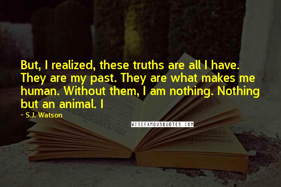 S.J. Watson Quotes: But, I realized, these truths are all I have. They are my past. They are what makes me human. Without them, I am nothing. Nothing but an animal. I