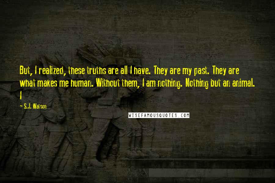 S.J. Watson Quotes: But, I realized, these truths are all I have. They are my past. They are what makes me human. Without them, I am nothing. Nothing but an animal. I