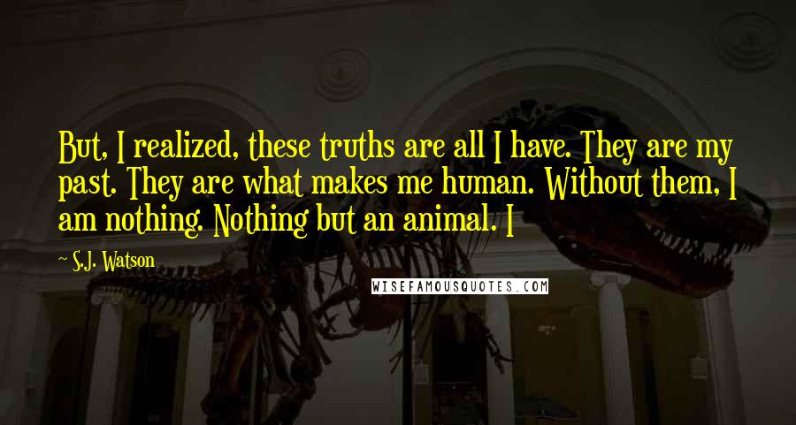 S.J. Watson Quotes: But, I realized, these truths are all I have. They are my past. They are what makes me human. Without them, I am nothing. Nothing but an animal. I