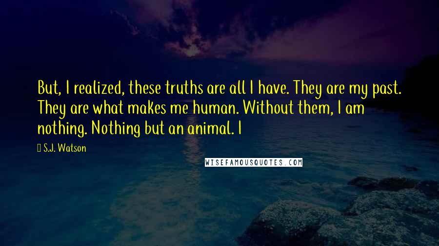 S.J. Watson Quotes: But, I realized, these truths are all I have. They are my past. They are what makes me human. Without them, I am nothing. Nothing but an animal. I