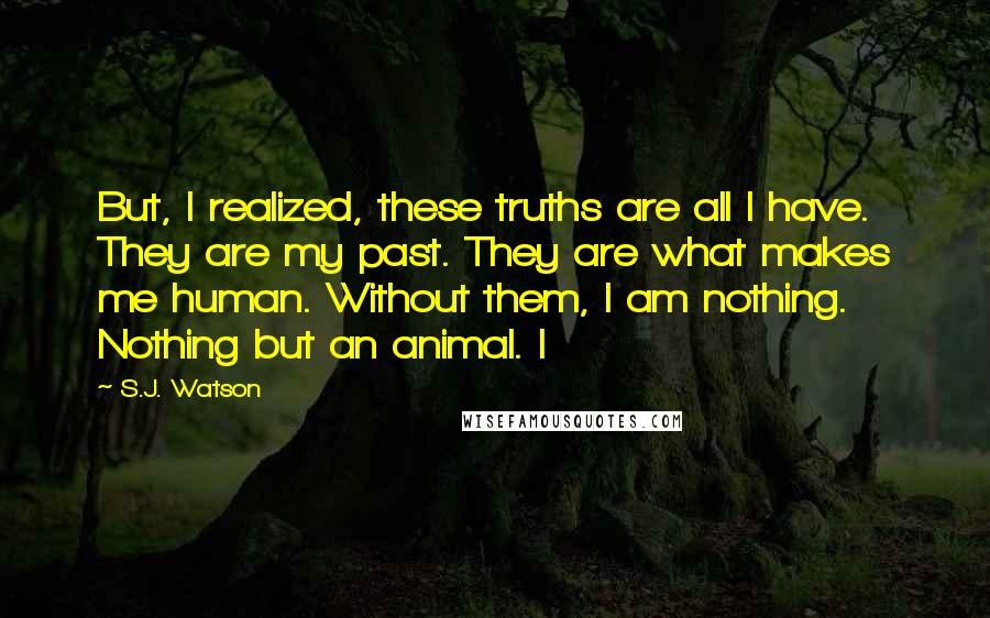 S.J. Watson Quotes: But, I realized, these truths are all I have. They are my past. They are what makes me human. Without them, I am nothing. Nothing but an animal. I