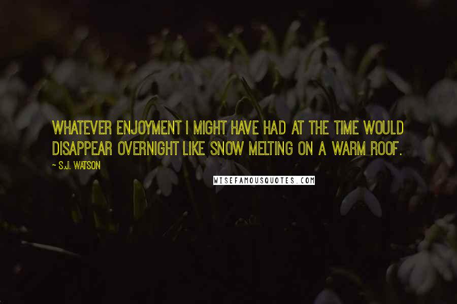 S.J. Watson Quotes: Whatever enjoyment I might have had at the time would disappear overnight like snow melting on a warm roof.