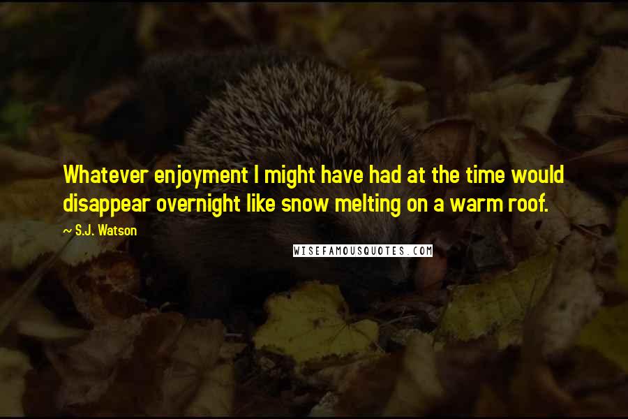 S.J. Watson Quotes: Whatever enjoyment I might have had at the time would disappear overnight like snow melting on a warm roof.