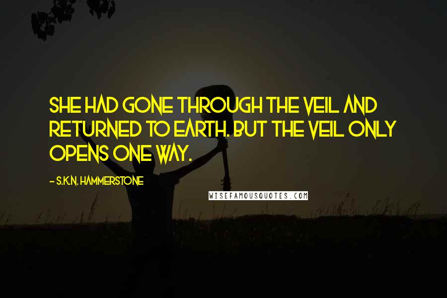 S.K.N. Hammerstone Quotes: She had gone through the veil and returned to Earth. But the veil only opens one way.