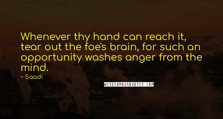 Saadi Quotes: Whenever thy hand can reach it, tear out the foe's brain, for such an opportunity washes anger from the mind.