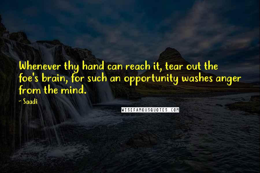 Saadi Quotes: Whenever thy hand can reach it, tear out the foe's brain, for such an opportunity washes anger from the mind.