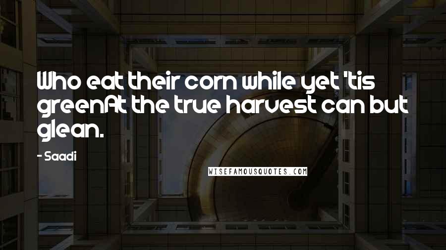 Saadi Quotes: Who eat their corn while yet 'tis greenAt the true harvest can but glean.