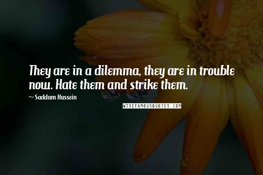 Saddam Hussein Quotes: They are in a dilemma, they are in trouble now. Hate them and strike them.