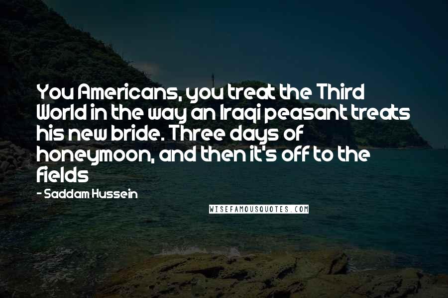 Saddam Hussein Quotes: You Americans, you treat the Third World in the way an Iraqi peasant treats his new bride. Three days of honeymoon, and then it's off to the fields