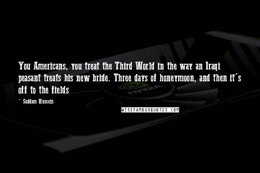 Saddam Hussein Quotes: You Americans, you treat the Third World in the way an Iraqi peasant treats his new bride. Three days of honeymoon, and then it's off to the fields