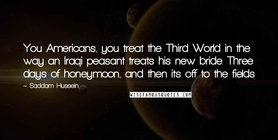 Saddam Hussein Quotes: You Americans, you treat the Third World in the way an Iraqi peasant treats his new bride. Three days of honeymoon, and then it's off to the fields