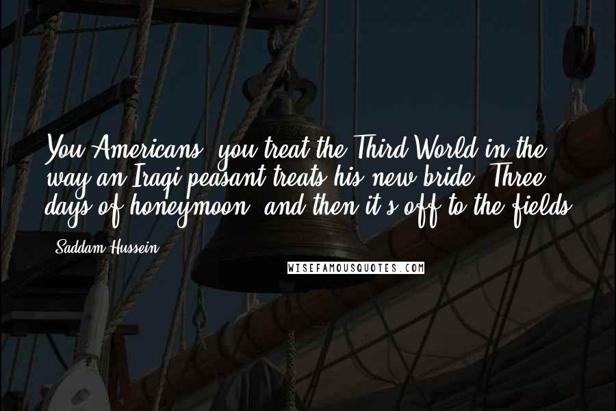 Saddam Hussein Quotes: You Americans, you treat the Third World in the way an Iraqi peasant treats his new bride. Three days of honeymoon, and then it's off to the fields
