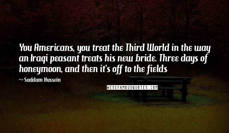 Saddam Hussein Quotes: You Americans, you treat the Third World in the way an Iraqi peasant treats his new bride. Three days of honeymoon, and then it's off to the fields