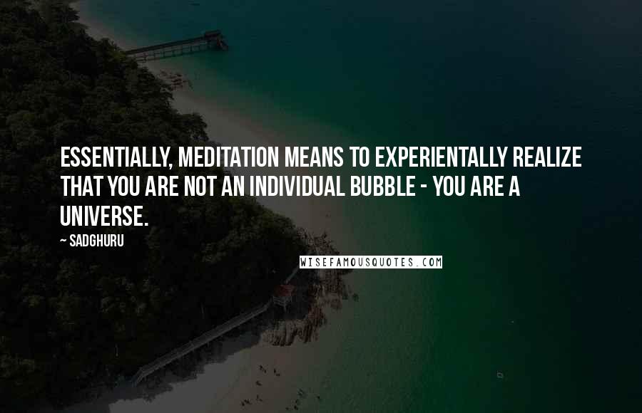 Sadghuru Quotes: Essentially, meditation means to experientally realize that you are not an individual bubble - you are a universe.