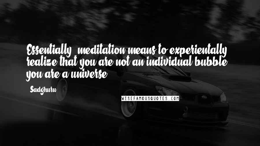 Sadghuru Quotes: Essentially, meditation means to experientally realize that you are not an individual bubble - you are a universe.