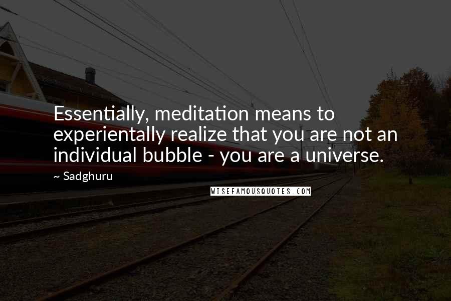 Sadghuru Quotes: Essentially, meditation means to experientally realize that you are not an individual bubble - you are a universe.