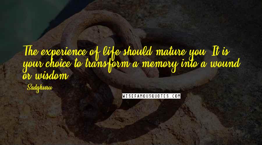 Sadghuru Quotes: The experience of life should mature you. It is your choice to transform a memory into a wound or wisdom.