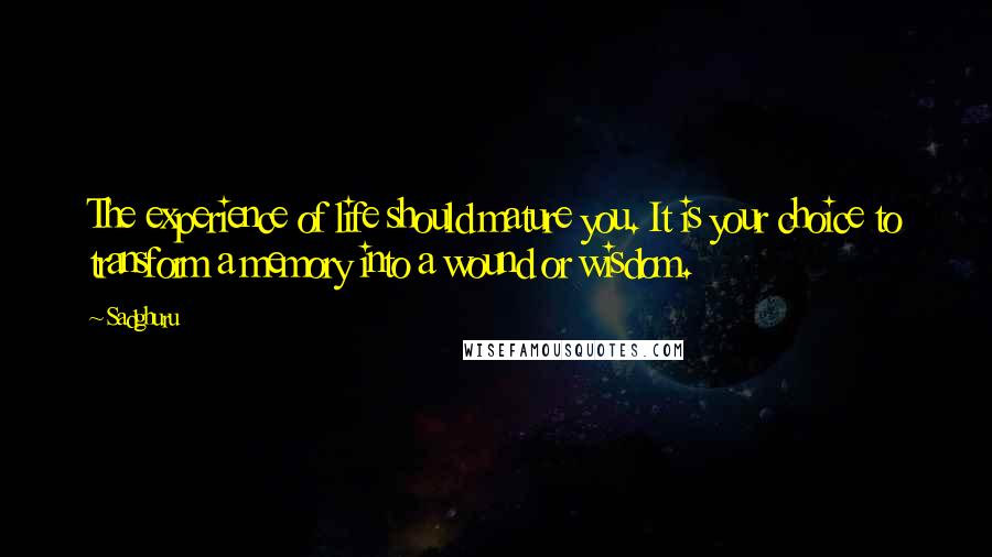 Sadghuru Quotes: The experience of life should mature you. It is your choice to transform a memory into a wound or wisdom.