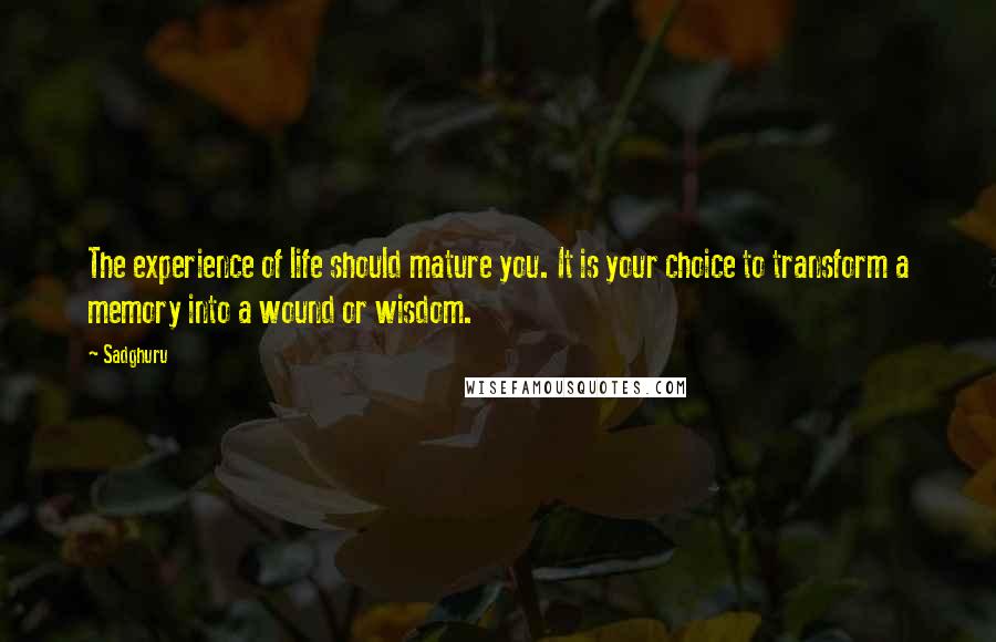 Sadghuru Quotes: The experience of life should mature you. It is your choice to transform a memory into a wound or wisdom.