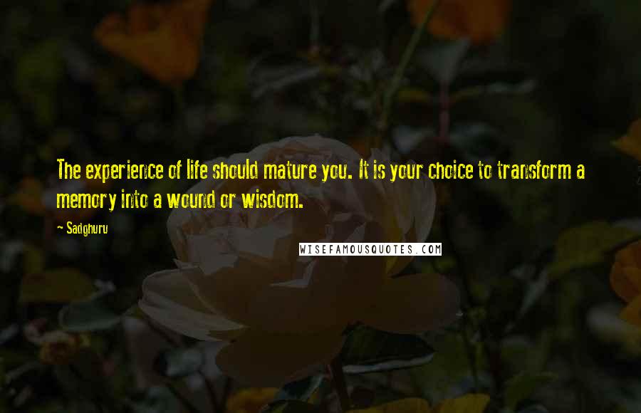 Sadghuru Quotes: The experience of life should mature you. It is your choice to transform a memory into a wound or wisdom.