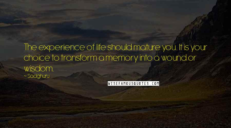 Sadghuru Quotes: The experience of life should mature you. It is your choice to transform a memory into a wound or wisdom.