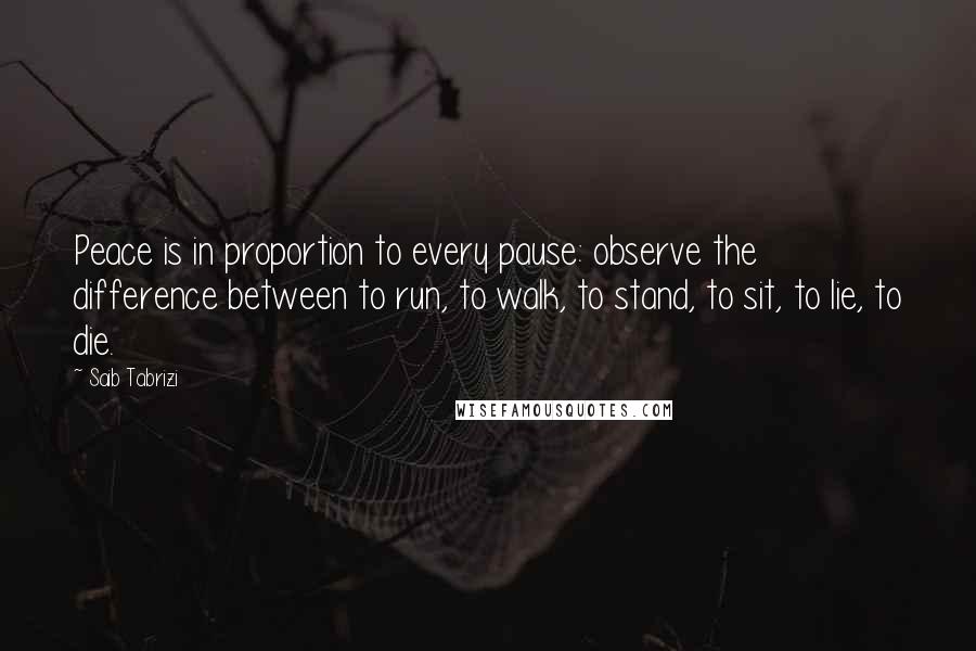 Saib Tabrizi Quotes: Peace is in proportion to every pause: observe the difference between to run, to walk, to stand, to sit, to lie, to die.