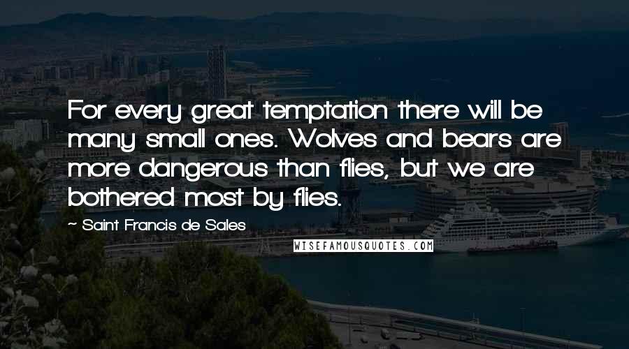 Saint Francis De Sales Quotes: For every great temptation there will be many small ones. Wolves and bears are more dangerous than flies, but we are bothered most by flies.