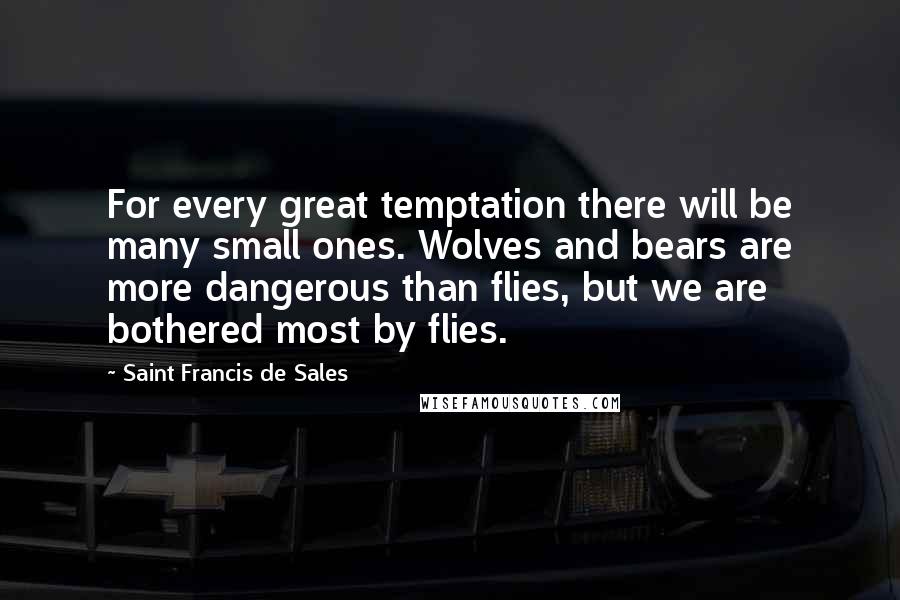Saint Francis De Sales Quotes: For every great temptation there will be many small ones. Wolves and bears are more dangerous than flies, but we are bothered most by flies.