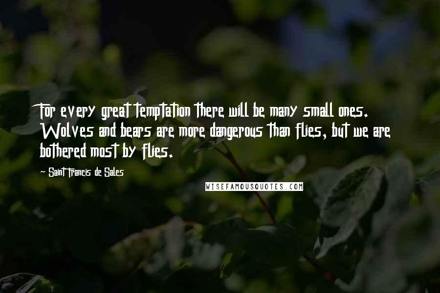 Saint Francis De Sales Quotes: For every great temptation there will be many small ones. Wolves and bears are more dangerous than flies, but we are bothered most by flies.