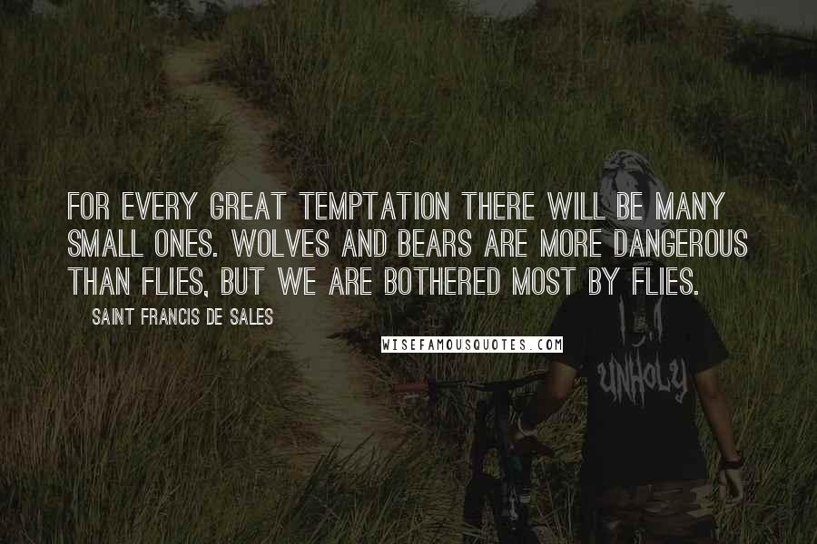 Saint Francis De Sales Quotes: For every great temptation there will be many small ones. Wolves and bears are more dangerous than flies, but we are bothered most by flies.