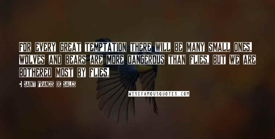 Saint Francis De Sales Quotes: For every great temptation there will be many small ones. Wolves and bears are more dangerous than flies, but we are bothered most by flies.
