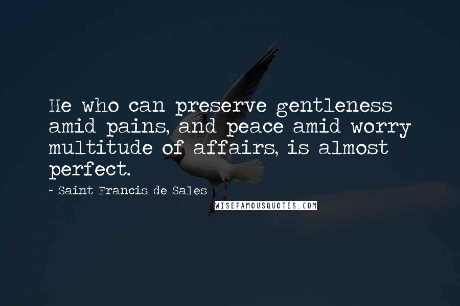 Saint Francis De Sales Quotes: He who can preserve gentleness amid pains, and peace amid worry multitude of affairs, is almost perfect.