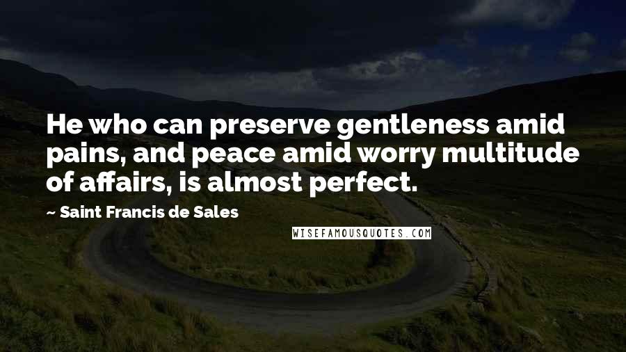 Saint Francis De Sales Quotes: He who can preserve gentleness amid pains, and peace amid worry multitude of affairs, is almost perfect.