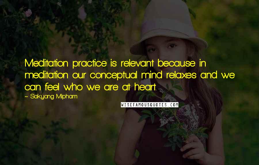 Sakyong Mipham Quotes: Meditation practice is relevant because in meditation our conceptual mind relaxes and we can feel who we are at heart.