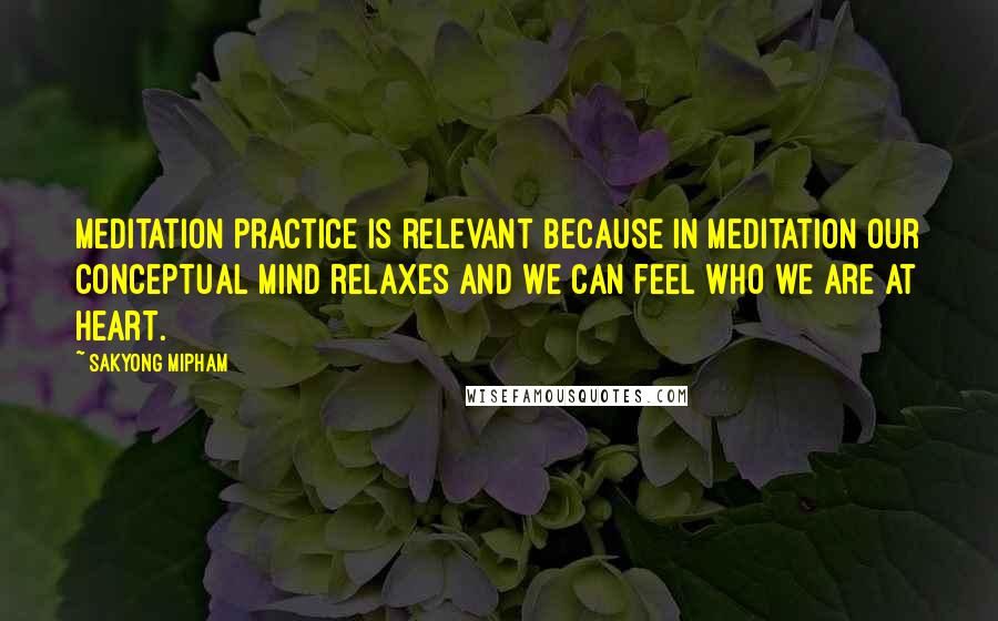 Sakyong Mipham Quotes: Meditation practice is relevant because in meditation our conceptual mind relaxes and we can feel who we are at heart.