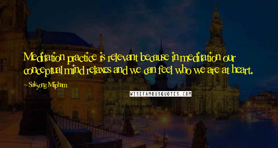 Sakyong Mipham Quotes: Meditation practice is relevant because in meditation our conceptual mind relaxes and we can feel who we are at heart.