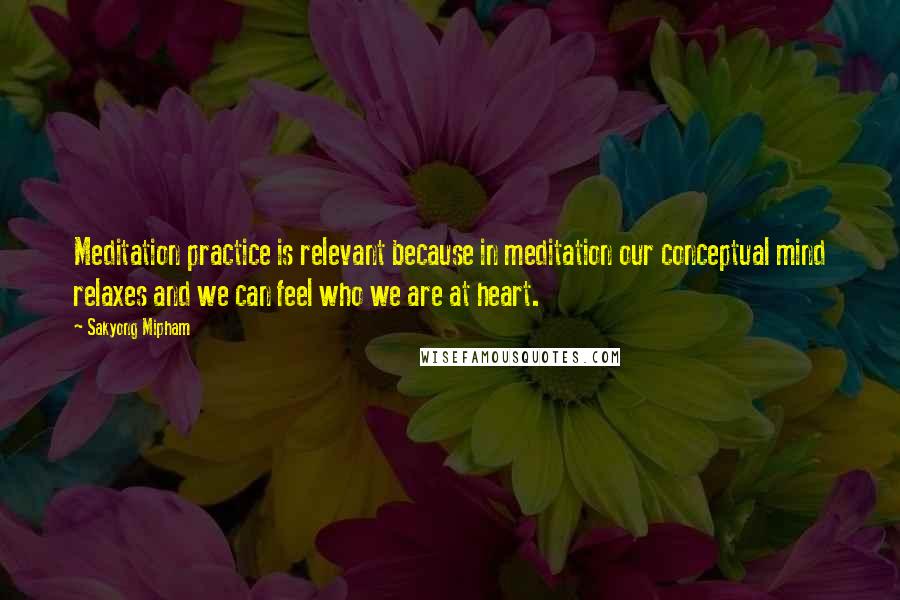 Sakyong Mipham Quotes: Meditation practice is relevant because in meditation our conceptual mind relaxes and we can feel who we are at heart.