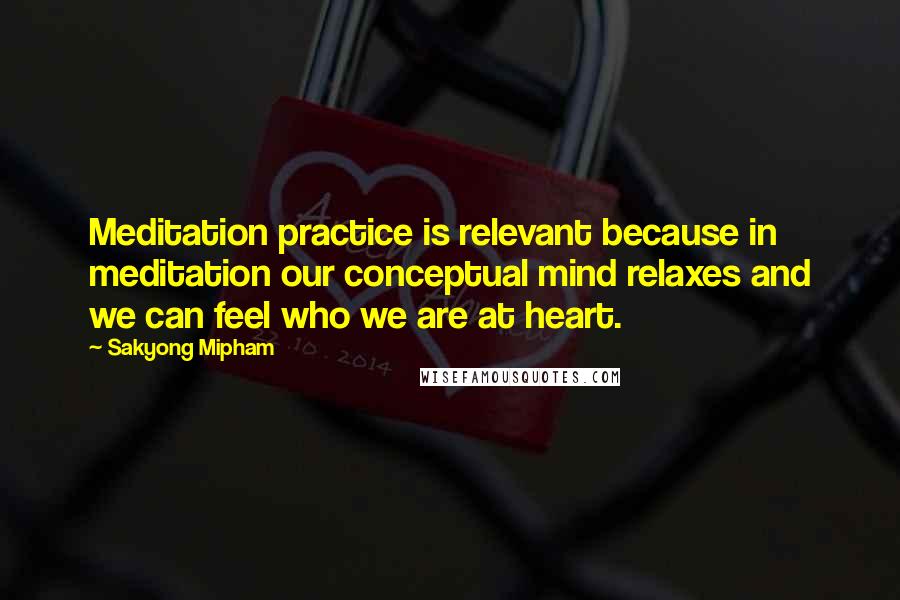 Sakyong Mipham Quotes: Meditation practice is relevant because in meditation our conceptual mind relaxes and we can feel who we are at heart.